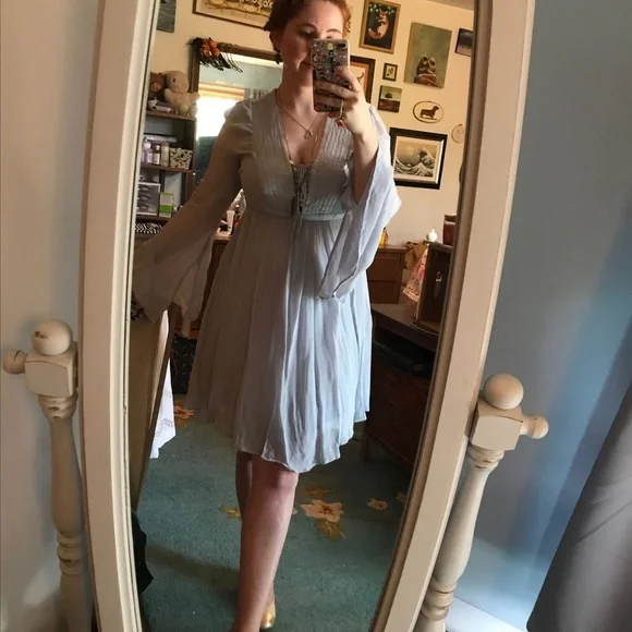 Anthropologie GHOST London Bell Sleeve Light Blue Gray Dress Button Back - Picture 4 of 9